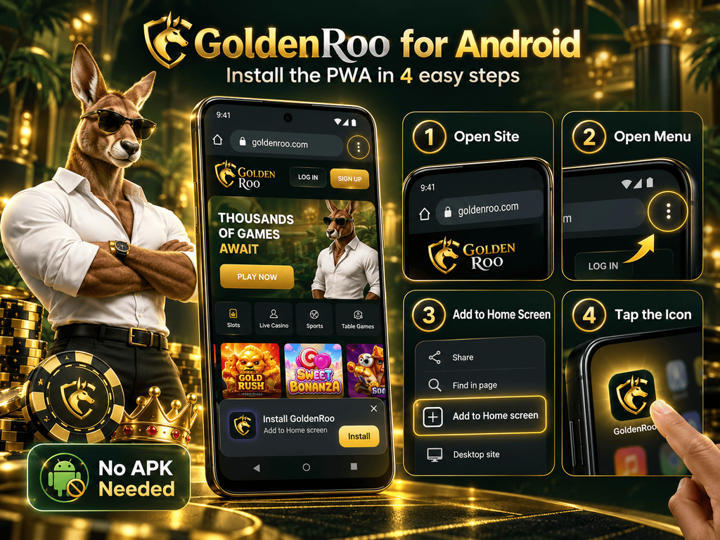 GoldenRoo Android PWA installation guide with Add to Home Screen steps