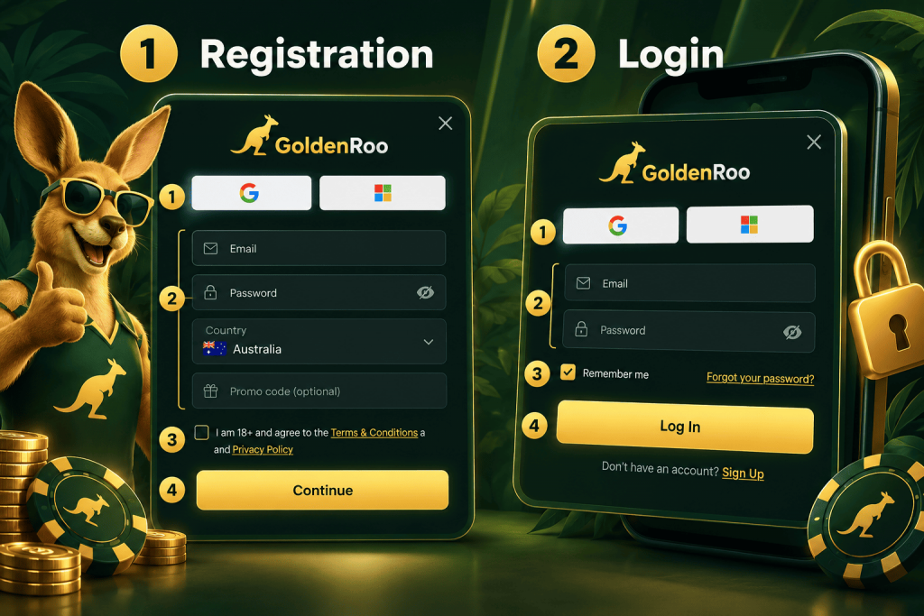 GoldenRoo login screen for Australian players with email and password access